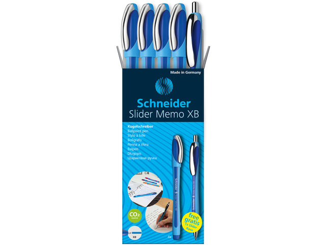 Balpen Schneider Memo XB blauw 4e. + 1x Gratis Slider Rave blauw in etui