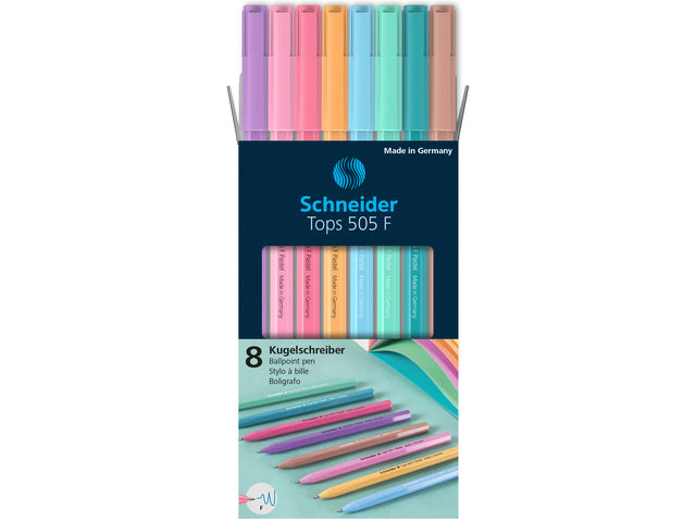 Balpen Schneider Tops 505 F set 8 stuks pastel, blauwschrijvend