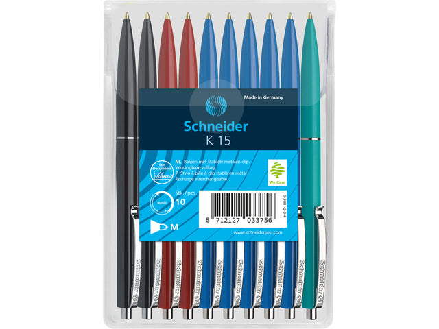 Balpen Schneider K15 10stuks assorti kleuren in hangverpakking