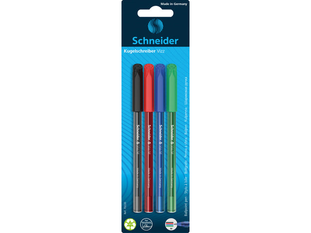 Balpen Schneider Vizz M blister a 4st. (zwart,rood,blauw,groen)