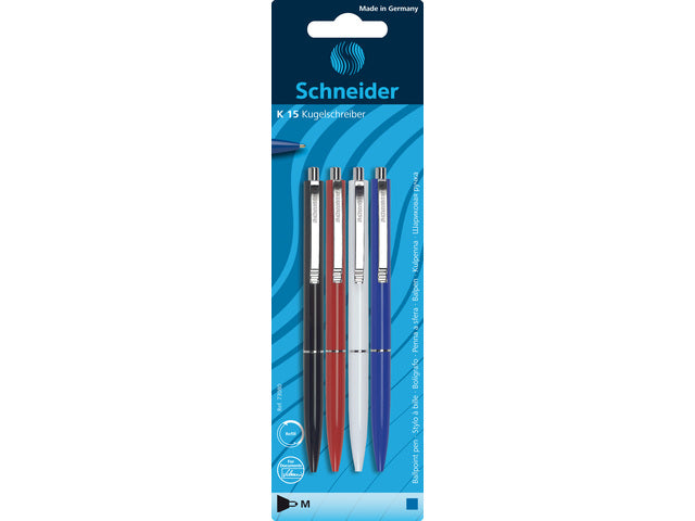 Balpen Schneider K15 navulbare drukknop assorti 4 stuks op blister
