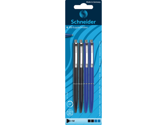 Balpen Schneider K15 navulbaar drukknop blister a 4 stuks