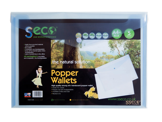 Envelopkaart Seco A4+ 5st blauw met drukknop 180 micron biologisch afbreekbaar