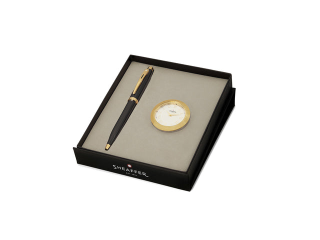 Balpen Giftset Sheaffer 100 G9322 Glanzend zwart goudkleurig met vergulde tafelklok