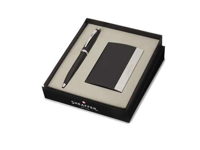 Balpen Giftset SHEAFFER 100 G9338 Glanzend zwarte lak verchroomd met visite-kaarthouder
