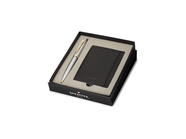 Balpen Giftset SHEAFFER 300 G9342 Bright chrome goudkleurig met creditcardhouder