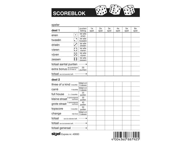 Scoreblok Sigel voor yahtzee 105x148mm 100 blad