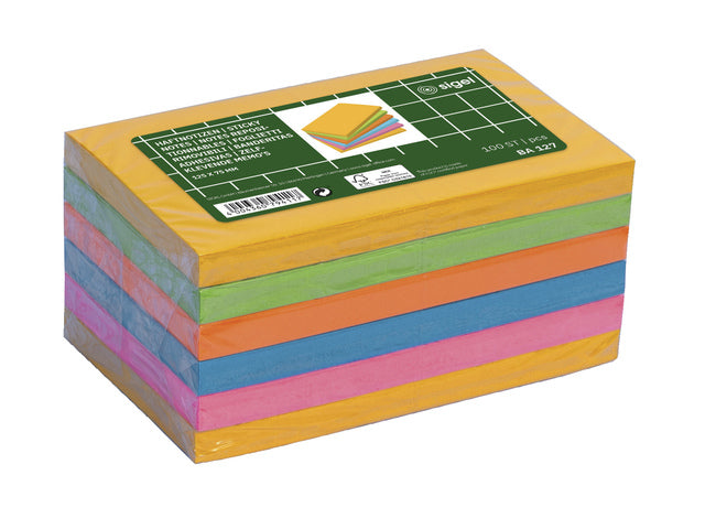 Memoblaadjes Sigel 6x100vel 75x125mm geel, groen, oranje, roze, blauw