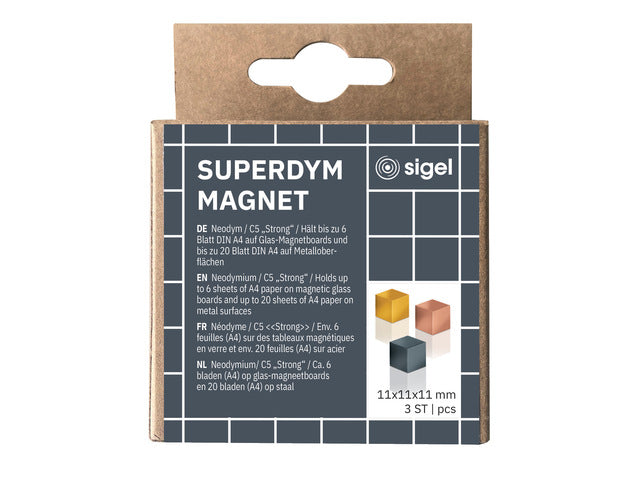 Magneten Sigel voor glasbord set 3kleuren C5 sterk 11x11x11mm titaangrijs/koper/goud