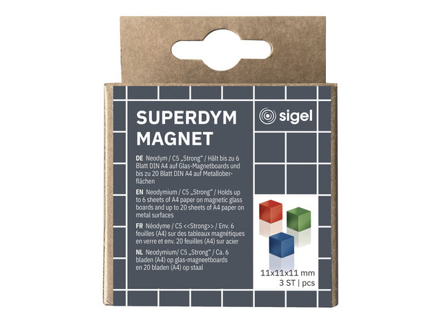 Magneten Sigel voor glasbord set 3kleuren C5 sterk 11x11x11mm blauw, rood en groen