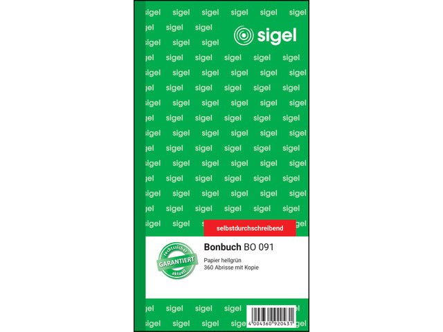 Bonboekje Sigel zelfdoorschrijvend 10,5x20cm 360 nrs groen