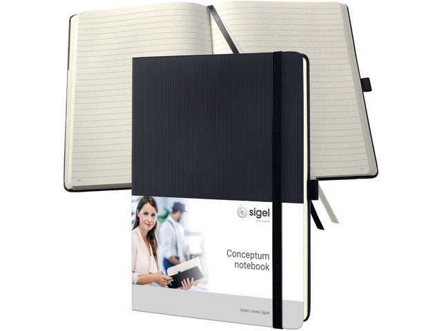 Notitieboek Conceptum Pure tablet maat zwart gelinieerd hardcover. Nummerde pagina's, inhoudsopgave, sluiting dmv elastiek, lus voor pen, 2 leeslintjes. 194 pagina's 80 grams chamoiskleurig papier. PEFC-gecertificeerd