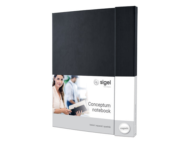 Notitieboek Conceptum Pure A4+ zwart 5mm ruit hardcover met magneetsluiting. Nummerde pagina's, inhoudsopgave, sluiting dmv elastiek, lus voor pen, 2 leeslintjes. 194 pagina's 80 grams chamoiskleurig papier. PEFC-gecertificeerd