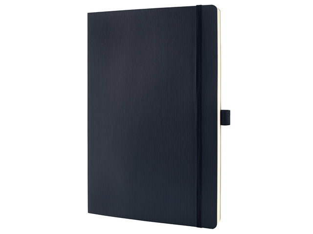 Notitieboek Conceptum Pure A4 zwart 5mm ruit softcover. Genummerde pagina's, inhoudsopgave, sluiting dmv elastiek, lus voor pen, 2 leeslintjes.194 pagina's 80 grams chamoiskleurig papier. PEFC-gecertificeerd.