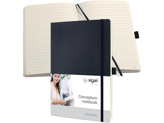 Notitieboek Conceptum Pure A4 zwart gelinieerd softcover. Nummerde pagina's, inhoudsopgave, sluiting dmv elastiek, lus voor pen, 2 leeslintjes. 194 pagina's 80 grams chamoiskleurig papier. PEFC-gecertificeerd.