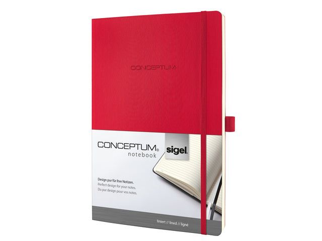 Notitieboek Conceptum Pure A4 rood gelinieerd softcover. Nummerde pagina's, inhoudsopgave, sluiting dmv elastiek, lus voor pen, 2 leeslintjes. 194 pagina's 80 grams chamoiskleurig papier. PEFC-gecertificeerd.