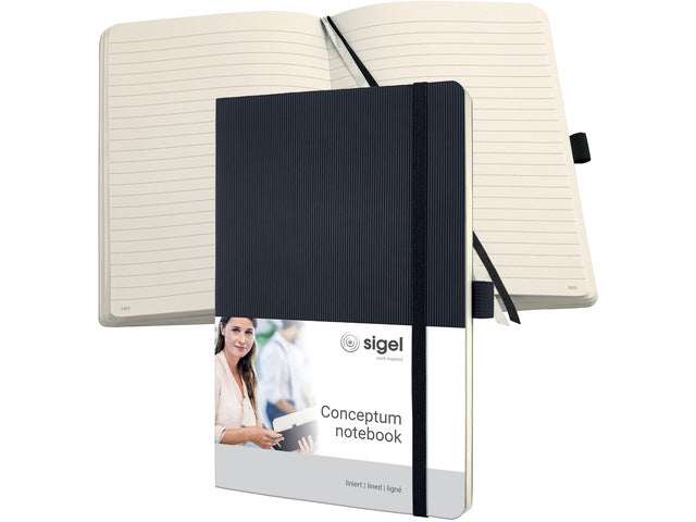 Notitieboek Conceptum Pure A5 zwart gelinieerd softcover. Nummerde pagina's, inhoudsopgave, sluiting dmv elastiek, lus voor pen, 2 leeslintjes. 194 pagina's 80 grams chamoiskleurig papier. PEFC-gecertificeerd.