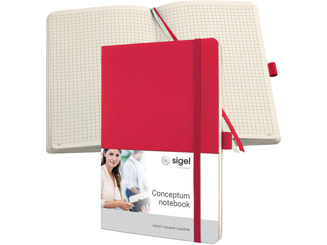 Notitieboek Conceptum Pure A5 rood 5mm ruit softcover. Nummerde pagina's, inhoudsopgave, sluiting dmv elastiek, lus voor pen, 2 leeslintjes. 194 pagina's 80 grams chamoiskleurig papier. PEFC-gecertificeerd.