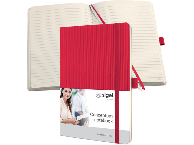 Notitieboek Conceptum Pure A5 rood gelinieerd softcover. Nummerde pagina's, inhoudsopgave, sluiting dmv elastiek, lus voor pen, 2 leeslintjes. 194 pagina's 80 grams chamoiskleurig papier. PEFC-gecertificeerd.
