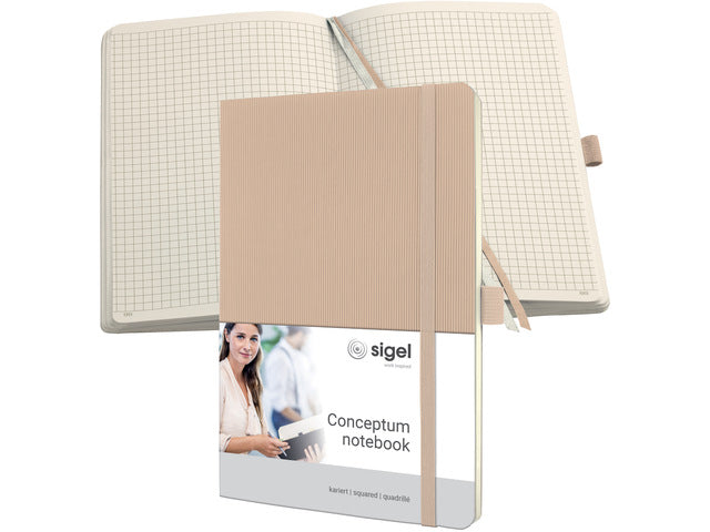 Notitieboek Conceptum A5 Beige 5mm ruit softcover. Nummerde pagina's, inhoudsopgave, sluiting dmv elastiek, lus voor pen, 2 leeslintjes. 194 pagina's 80 grams chamoiskleurig papier. PEFC-gecertificeerd. 135x210x14mm.