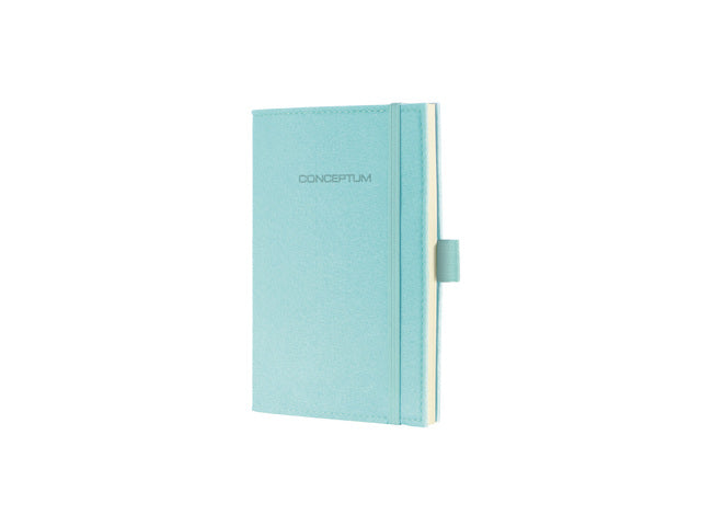 Notitieboek Conceptum A6 Look Felt blanco softcover lichtblauw. Nummerde pagina's, inhoudsopgave, sluiting dmv elastiek, lus voor pen, 2 leeslintjes. 194 pagina's 80 grams chamoiskleurig papier. PEFC-gecertificeerd.