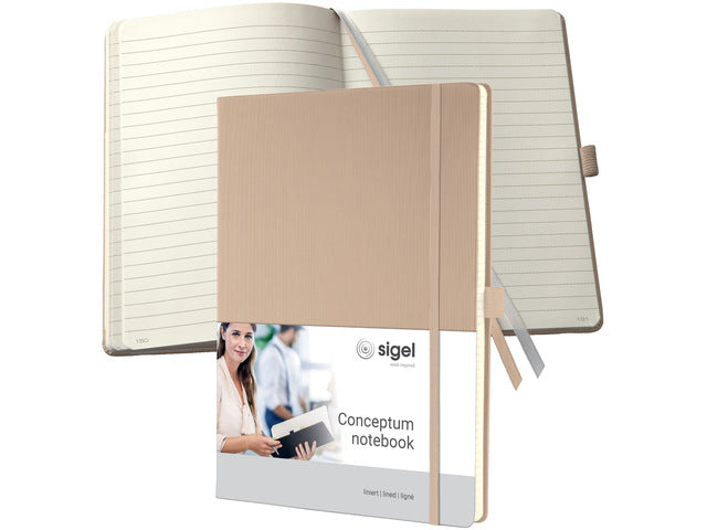Notitieboek Conceptum A4 Beige gelinieerd hardcover. Nummerde pagina's, inhoudsopgave, sluiting dmv elastiek, lus voor pen, 2 leeslintjes. 194 pagina's 80 grams chamoiskleurig papier. PEFC-gecertificeerd,