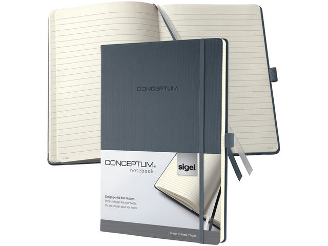 Notitieboek Conceptum A4 donkergrijs gelinieerd hardcover, genummerde pagina's, inhoudsopgave, sluiting dmv elastiek, lus voor pen, 194 pagina's 80 grams chamoiskleurig papier. PEFC-gecertificeerd. 213x295x20 mm