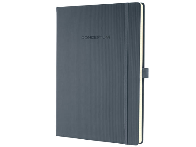 Notitieboek Conceptum A4 donkergrijs gelinieerd hardcover, genummerde pagina's, inhoudsopgave, sluiting dmv elastiek, lus voor pen, 194 pagina's 80 grams chamoiskleurig papier. PEFC-gecertificeerd. 213x295x20 mm
