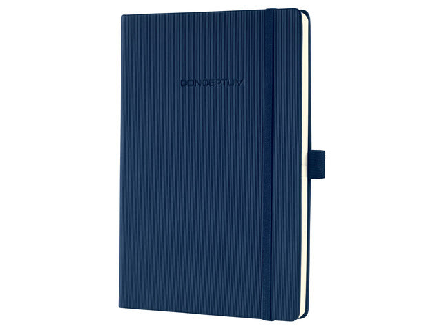 Notitieboek Conceptum Pure A5 donkerblauw gelinieerd hardcover. Nummerde pagina's, inhoudsopgave, sluiting dmv elastiek, lus voor pen, 2 leeslintjes. 194 pagina's 80 grams chamoiskleurig papier. PEFC-gecertificeerd