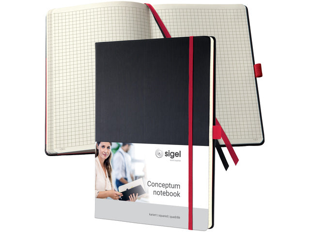 Notitieboek Conceptum RED Edition A4 zwart 5mm ruit hardcover. Nummerde pagina's, inhoudsopgave, sluiting dmv elastiek, lus voor pen, 2 leeslintjes. 194 pagina's 80 grams chamoiskleurig papier. PEFC-gecertificeerd