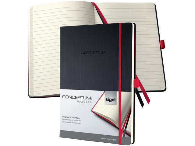 Notitieboek Conceptum RED Edition A4 zwart gelinieerd hardcover. Nummerde pagina's, inhoudsopgave, sluiting dmv elastiek, lus voor pen, 2 leeslintjes. 194 pagina's 80 grams chamoiskleurig papier. PEFC-gecertificeerd