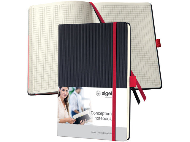 Notitieboek Conceptum RED Edition A5 zwart 5mm ruit hardcover. Nummerde pagina's, inhoudsopgave, sluiting dmv elastiek, lus voor pen, 2 leeslintjes. 194 pagina's 80 grams chamoiskleurig papier. PEFC-gecertificeerd