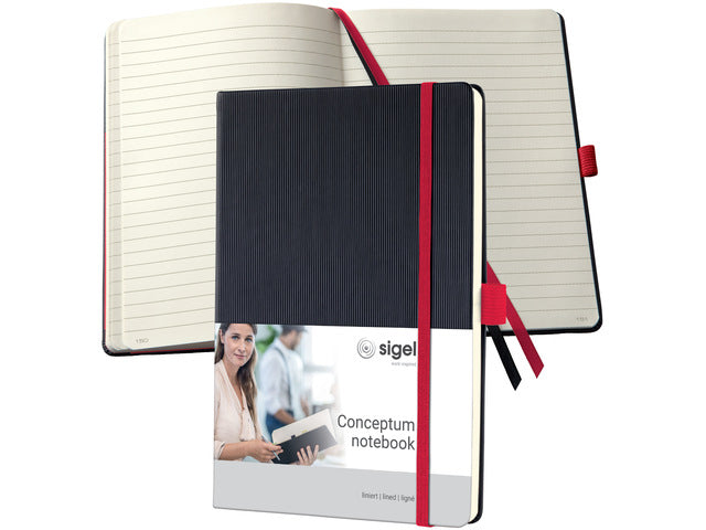 Notitieboek Conceptum RED Edition A5 zwart gelinieerd hardcover. Nummerde pagina's, inhoudsopgave, sluiting dmv elastiek, lus voor pen, 2 leeslintjes. 194 pagina's 80 grams chamoiskleurig papier. PEFC-gecertificeerd