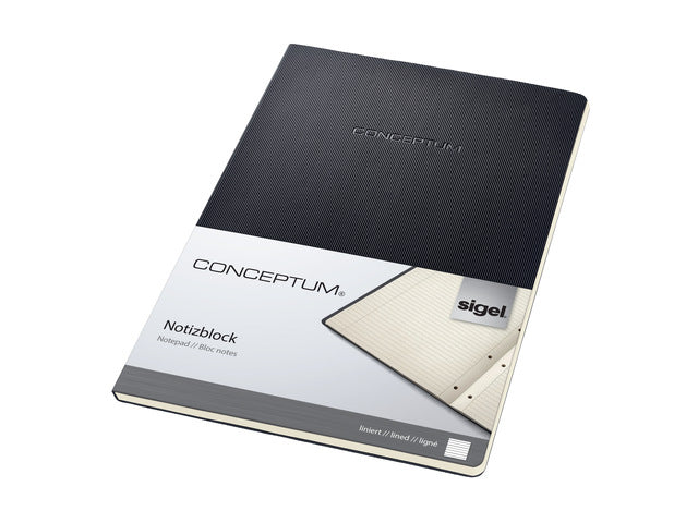 Schrijfblok Conceptum A4 zwart gelinieerd hardcover 120 pagina's 80 grams chamoiskleurig papier. Ontmoet snelzak. 4-voudige perforatie, kopregel voor datum. PEFC-gecertificeerd