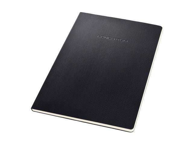 Schrijfblok Conceptum A4 zwart gelinieerd hardcover 120 pagina's 80 grams chamoiskleurig papier. Ontmoet snelzak. 4-voudige perforatie, kopregel voor datum. PEFC-gecertificeerd