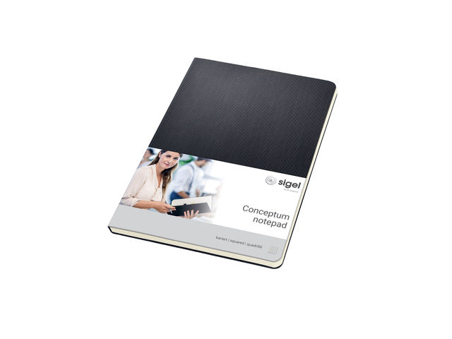 Schrijfblok Conceptum A5 zwart 5mm ruit softcover. 120 pagina's 80 grams chamoiskleurig papier. Ontmoet snelzak. 4-voudige perforatie, kopregel voor datum. PEFC-gecertificeerd.