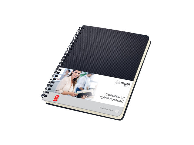 Notitieblok Conceptum A5 schwarz gelinietes Hardcover. 160 Seiten, 80 Gramm chamoiskleuriges Papier.M und Quickpocket. 4-Loch-Perforation, Datumsmarkierung. PEFC-zertifiziert