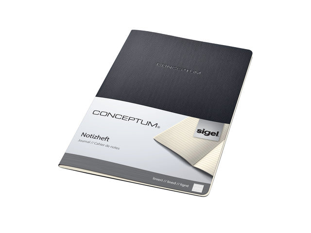 Notitieboek Conceptum A4 zwart gelinieerd softcover. 64 pagina's 80 grams chamoiskleurig papier. Ontmoet snelzak. 4-voudige perforatie, kopregel voor datum. PEFC-gecertificeerd