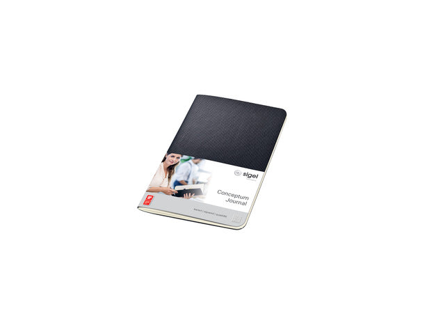 Notitieboek Conceptum A6 zwart 5mm ruit softcover. 64 pagina's 80 grams chamoiskleurig papier. Ontmoet snelzak. 4-voudige perforatie, kopregel voor datum. PEFC-gecertificeerd.