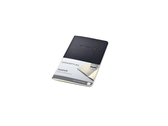 Notitieboek Conceptum A6 zwart gelinieerd softcover. 64 pagina's 80 grams chamoiskleurig papier. Ontmoet snelzak. 4-voudige perforatie, kopregel voor datum. PEFC-gecertificeerd.