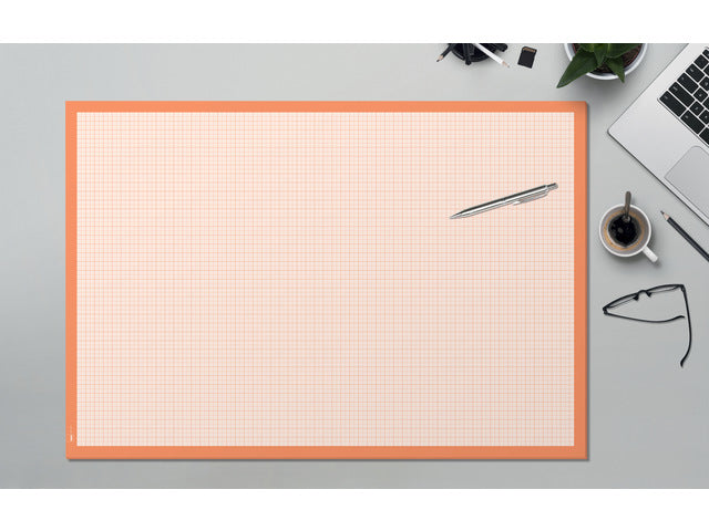 Schrijfonderlegger van papier, Grafiek, millimeter geruit, wit/oranje, 595x410 mm, 80 gr, 30 vel. Ongedateerd.