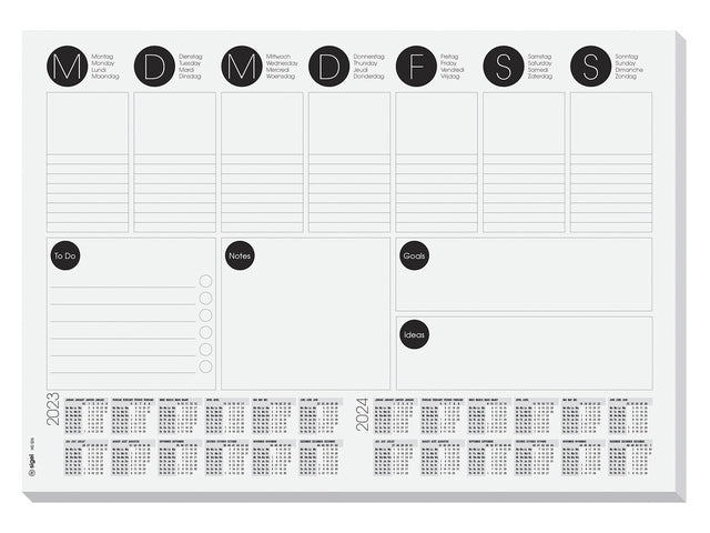 Bureauonderlegger Sigel Weekly, 42x29,7cm, 80 grams papier, 30 vel, 2-jaars kalender. 2023/2024.