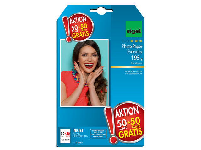 Inkjetfotopapier Sigel 10x15cm mit Hoogglans 195gr 50+50 Vel gratis