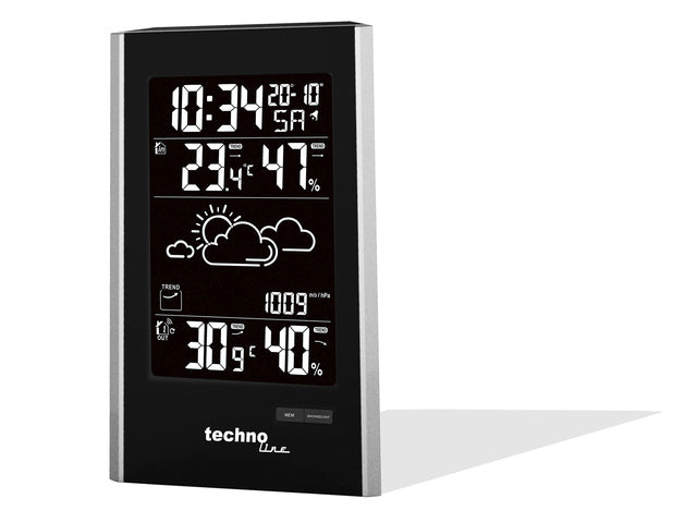 Wetterstation Technoline WS 9060 113x186x47mm schwarz/silber mit 1 Bausensor 30m und eingebauter Hintergrundbeleuchtung