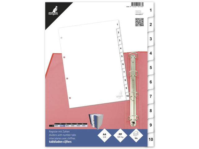 Tabblad Kangaro A4 cijfers PP 120 micron wit 4-gaats 10-delig