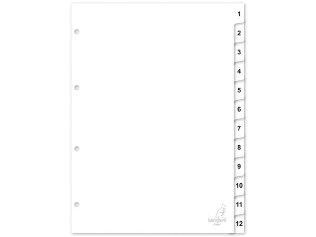 Tabblad Kangaro A4 cijfers PP 120 micron wit 4-gaats 12-delig