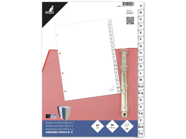 Tabblad Kangaro A4 letters PP 120 micron wit 4-gaats 20-delig AZ